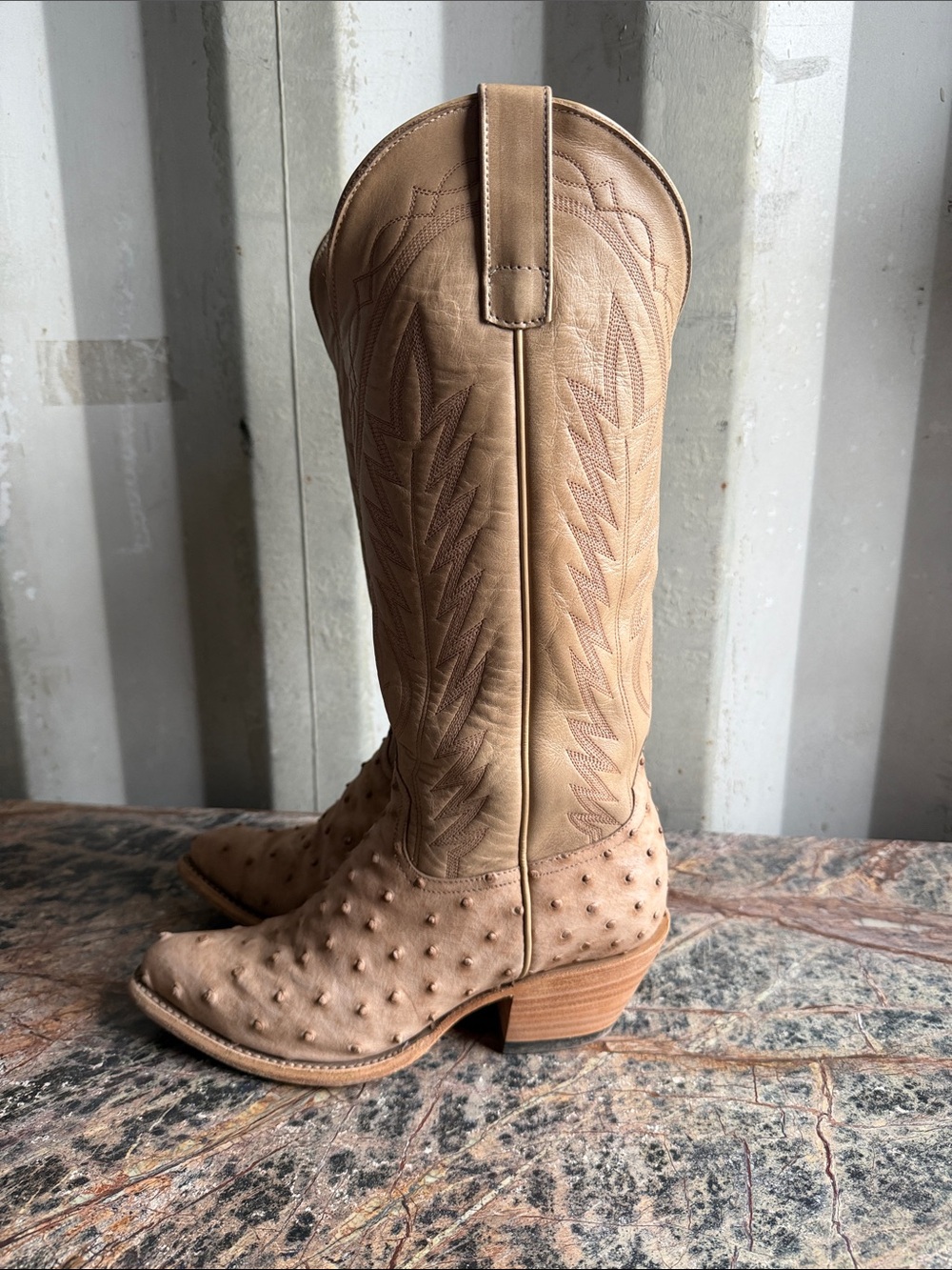 Macie Bean tan vintage latte veranda full quill ostrich boots